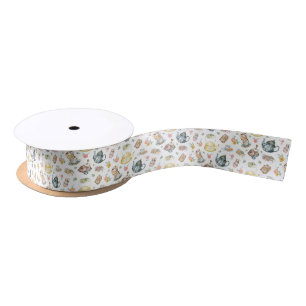 Vintage Afternoon Tea & Roses Pattern on White Satin Ribbon