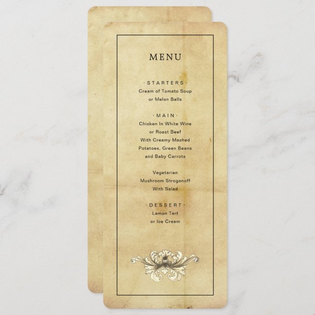 Vintage Aged Distress Style Menu Invitation (Front/Back)