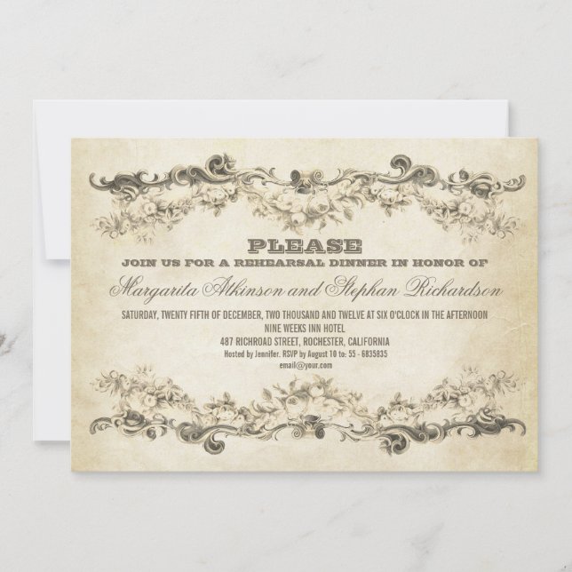 vintage aged rehearsal dinner invitations (Front)