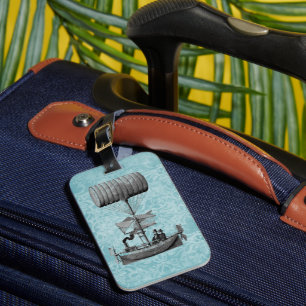 Vintage Airboat Blue Damask Luggage Tag