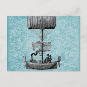 Vintage Airboat Blue Damask Postcard