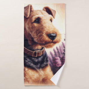 Vintage Airedale Terrier Painting Bath Towel
