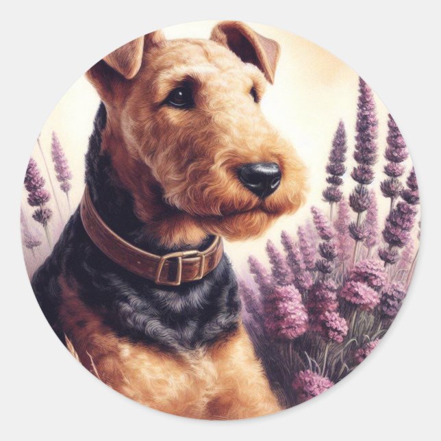 Vintage Airedale Terrier Painting Classic Round Sticker (Front)