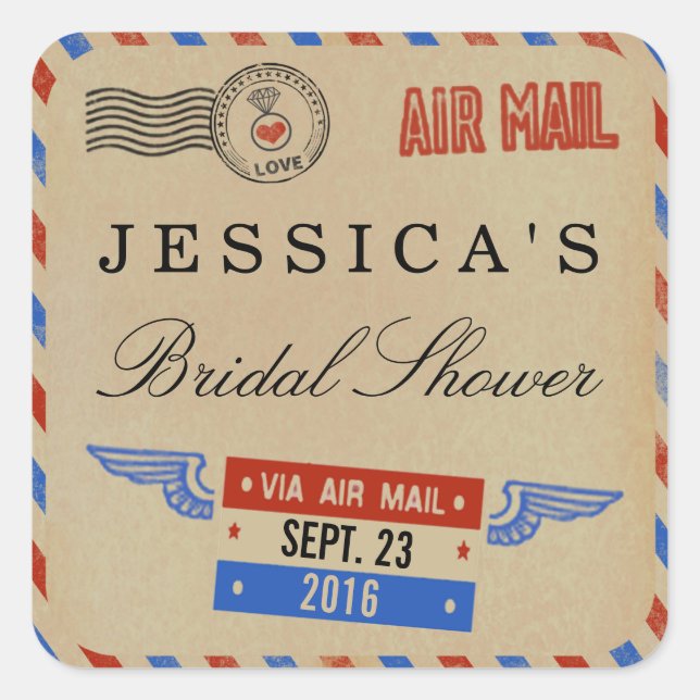 Vintage Airmail Bridal Shower Favour Square Sticker (Front)