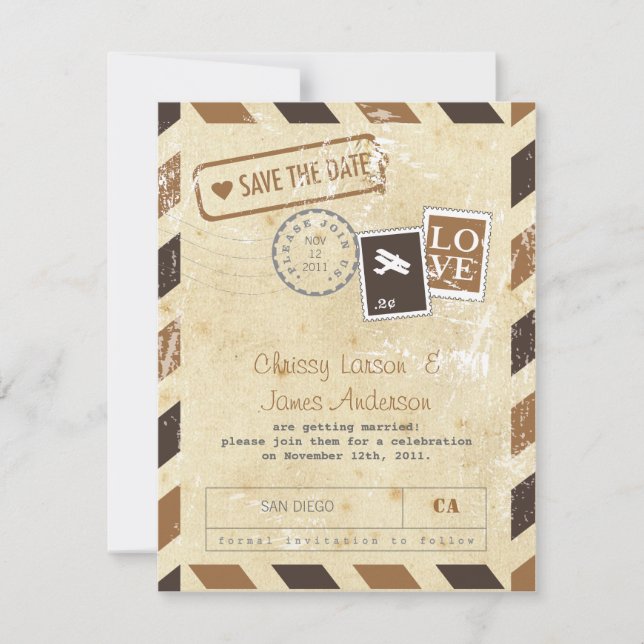 Vintage Airmail Card Save the Date (Front)