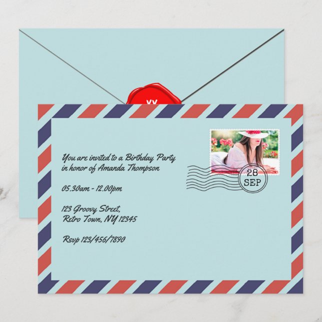 Vintage Airmail Envelope Birthday Party Invitation (Front/Back)