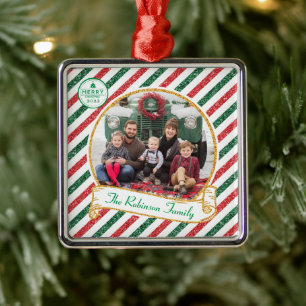 Vintage Airmail Glitter Christmas Family Photo Cer Metal Tree Decoration