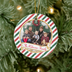 Vintage Airmail Glitter Christmas Family Photo Ceramic Tree Decoration