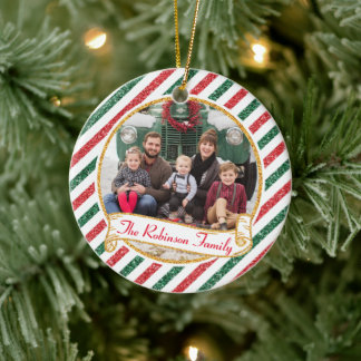 Vintage Airmail Glitter Christmas Family Photo Ceramic Tree Decoration