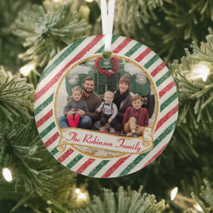 Vintage Airmail Glitter Christmas Family Photo Gla Glass Tree Decoration