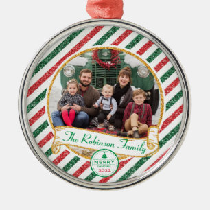 Vintage Airmail Glitter Christmas Family Photo Metal Tree Decoration