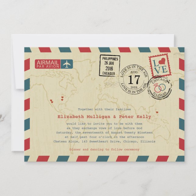 Vintage Airmail World Traveller Wedding Invitation (Front)