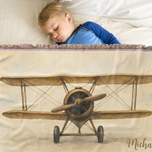 Vintage Airplane Antique Biplane Aviation Aviator Throw Blanket