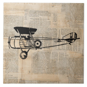 Vintage Airplane Antique Plane on Newspaper Text Tile
