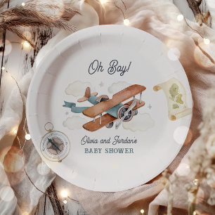 Vintage Airplane Boy Travel Baby Shower Paper Plate