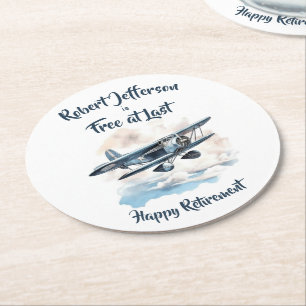 Vintage Airplane Free at Last Blue Retirement Round Paper Coaster