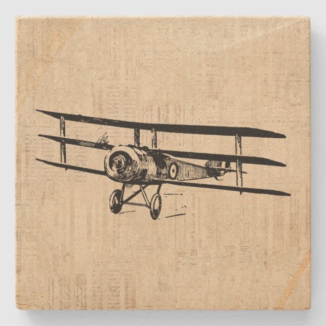 Vintage Airplane Old Antique Plane Illustration Stone Coaster (Front)