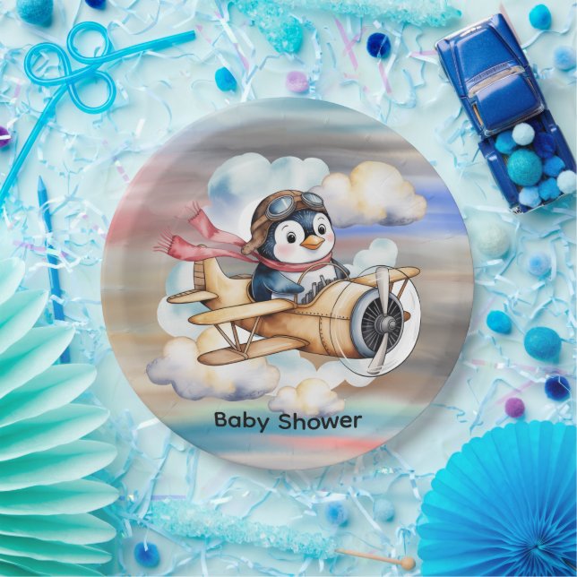 Vintage Airplane Penguin Boy Baby Shower Paper Plate (Party)