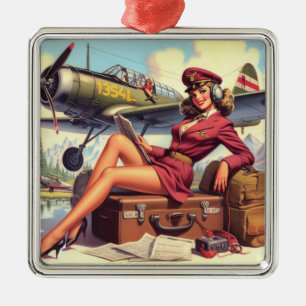 Vintage Airplane Pin-Up Illustration Metal Tree Decoration
