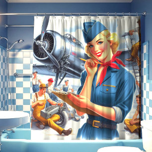 Vintage Airplane Pin-up Shower Curtain