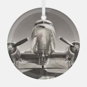 Vintage Airplane Runway Scene Glass Tree Decoration