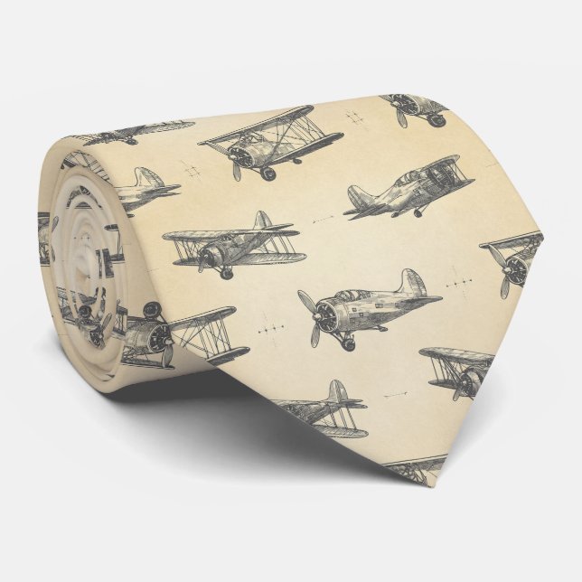 Vintage Airplane Sketch Pattern Tie (Rolled)