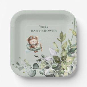 Vintage Airplane Teddy Bear Baby Shower Paper Plate