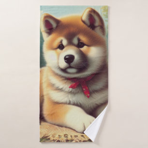 Vintage Akita Oil Painting Bath Towel