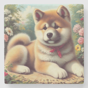 Vintage Akita Oil Painting Stone Coaster