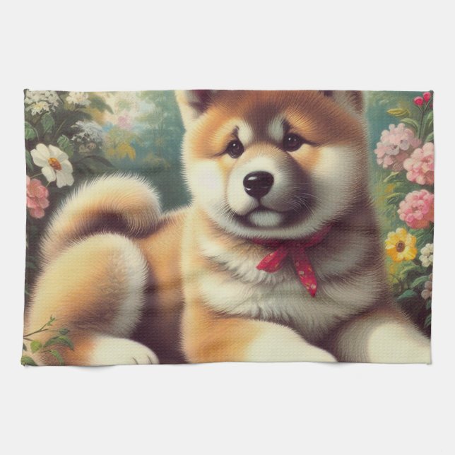 Vintage Akita Oil Painting Tea Towel (Horizontal)