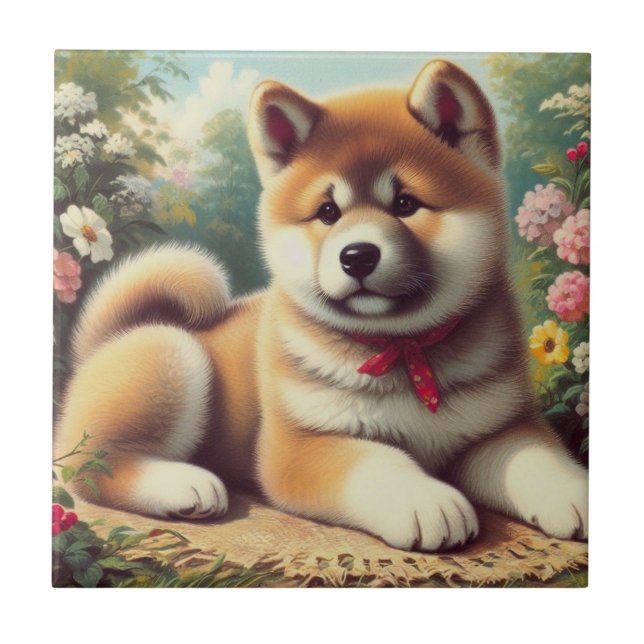 Vintage Akita Oil Painting Tile (Front)
