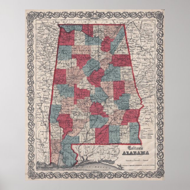 Vintage Alabama County Map (1859) Poster (Front)