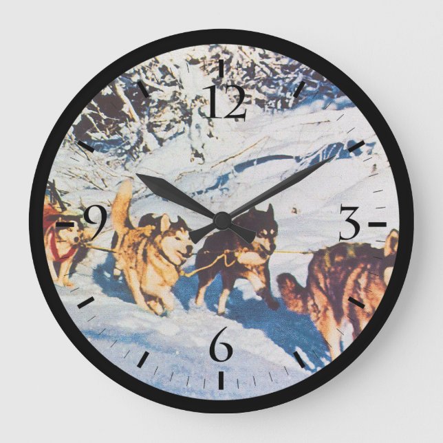 Vintage Alaska eskimo Malamute sled racing Large Clock (Front)