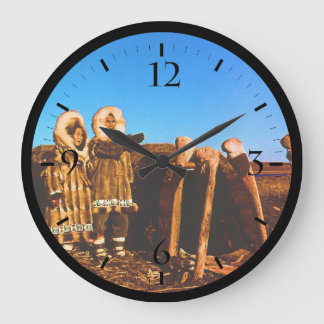 Vintage Alaska Fur clad eskimo arctic sod igloo Large Clock
