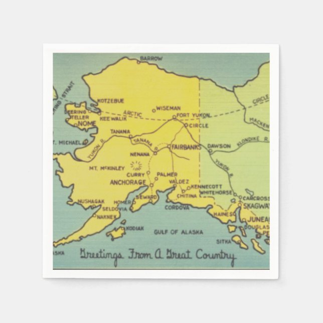 Vintage Alaska Map - Bering Strait, Nome, Barrow Napkin (Front)