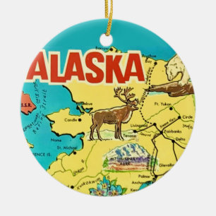 Vintage Alaska Map Postcard Ceramic Tree Decoration