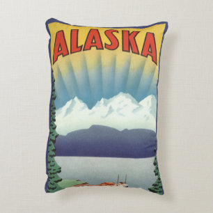 Vintage Alaska Travel Poster Art, Scenic Landscape Decorative Cushion