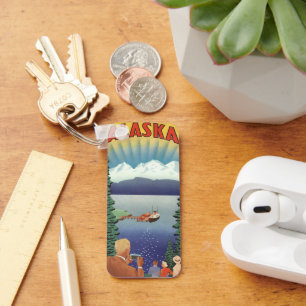 Vintage Alaska Travel Poster Art, Scenic Landscape Key Ring