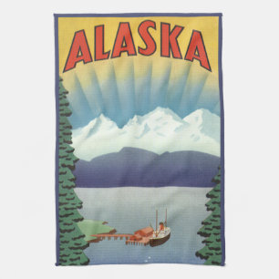 Vintage Alaska Travel Poster Art, Scenic Landscape Tea Towel