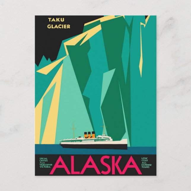 Vintage Alaska Travel Poster Art, Taku Glacier Postcard (Front)