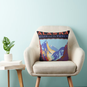 Vintage Alaska Travel Poster, Atlin and the Yukon Cushion