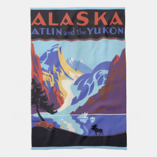 Vintage Alaska Travel Poster, Atlin and the Yukon Tea Towel