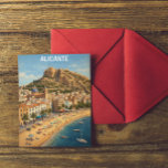 Vintage Alicante Spain Vacation Travel Postcard<br><div class="desc">Bring the timeless sun-drenched charm of the Costa Blanca into your home! This premium vintage-style travel postcard captures the soul of Alicante, Spain, through a classic mid-century lens. The artwork masterfully balances the relaxation of the Mediterranean with the city’s deep history. In the foreground, the golden sands of Playa del...</div>