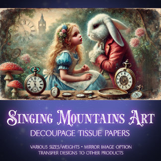 Vintage Alice and Rabbit Clock Forest Decoupage Tissue Paper