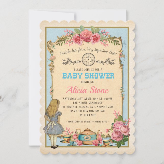 Vintage Alice in Wonderland Baby Shower Tea Invite (Front)