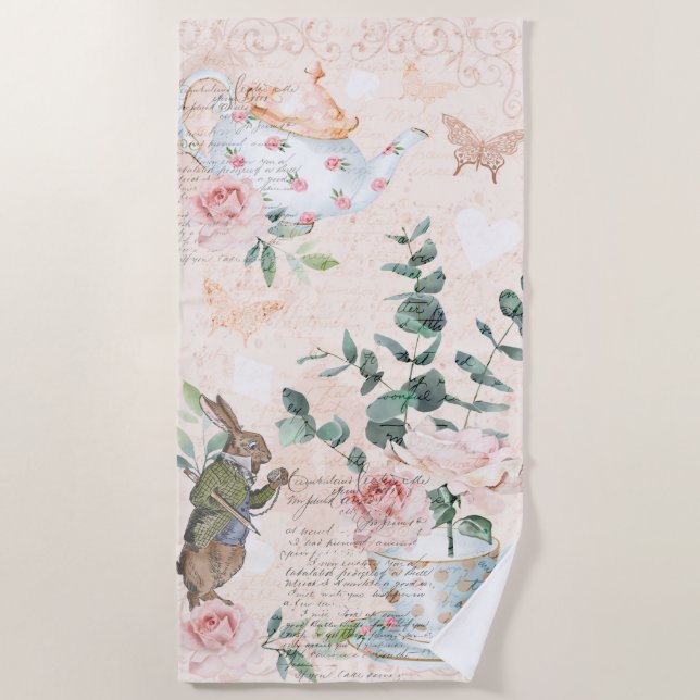 Vintage Alice In Wonderland Collage Decoupage Beach Towel (Front)