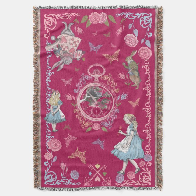 Vintage Alice In Wonderland Fairytale Decoupage Throw Blanket (Front Vertical)