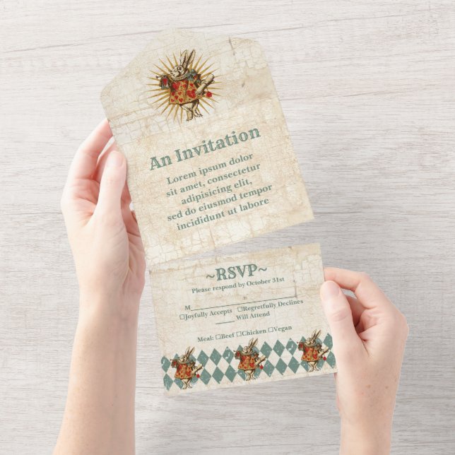 Vintage Alice White Rabbit All In One Invitation (Tearaway)