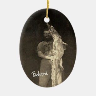 Vintage Alligator Man Photo c 1920 Custom Signed Ceramic Tree Decoration