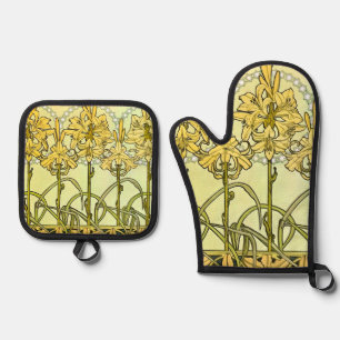 Vintage Alphonse Mucha Art Nouveau Lily Pattern Oven Mitt & Pot Holder Set